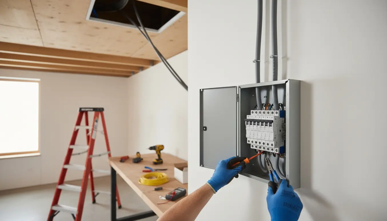 Elektriker installerer en ekstra eltavle med automatsikringer og trækker 2 x 5-leder kabel mod loftet.