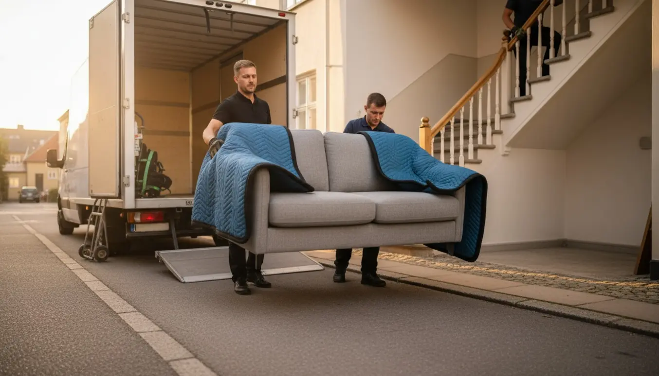 To hjælpere bærer en grå to-personers sofa ud til en flyttebil, mens en anden fører den op ad en opgangstrappe til 2. sal.