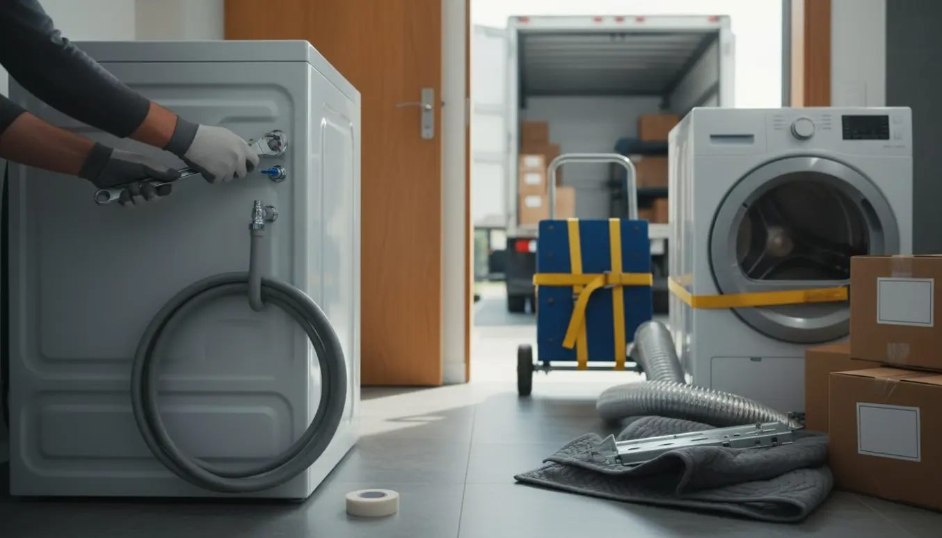 Tekniker afmonterer en vaskesøjle i et badeværelse med værktøj og flytteudstyr klar.