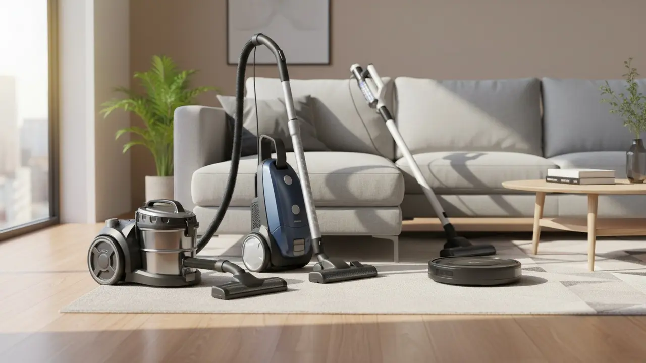 Forskellige typer støvsugere (kanister, opret, ledningsfri og robot) i en moderne stue.
