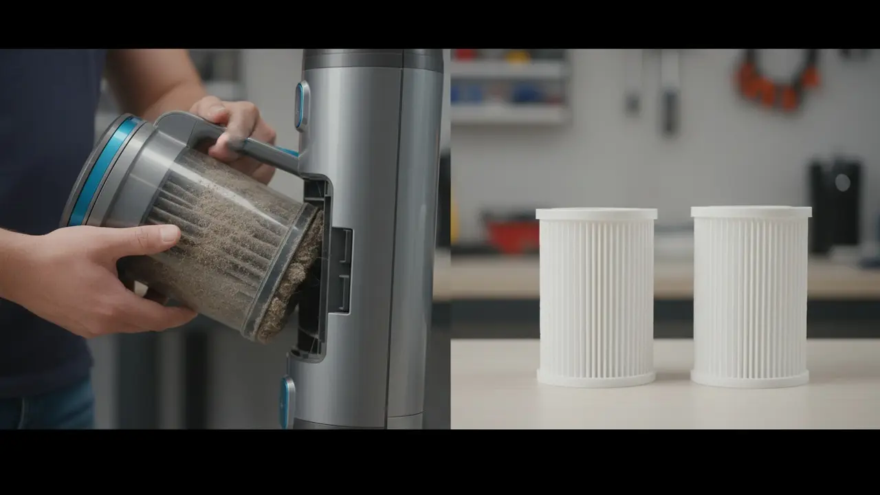 Hånd der tager et beskidt støvsugerfilter ud med et rent filter ved siden af.