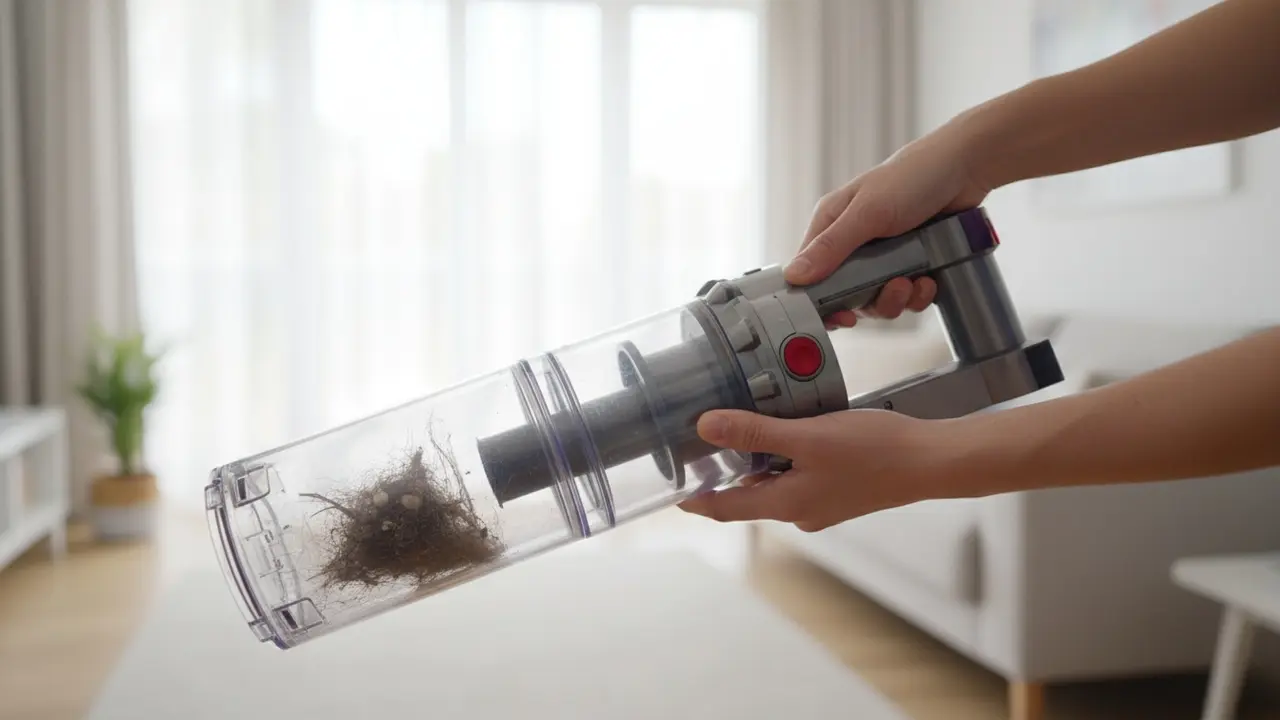 Person der aftager beholderen fra en ledningsfri Dyson-støvsuger for at tjekke for blokeringer.