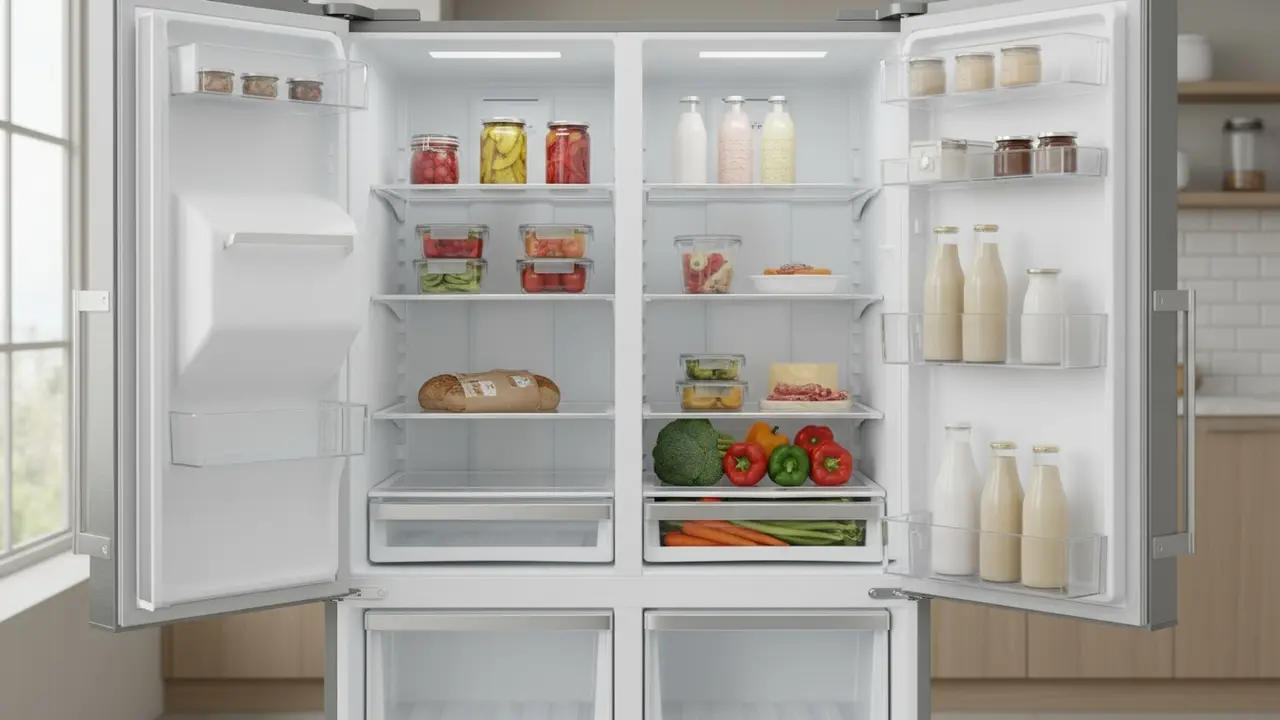 Åbent, rengjort køleskab med organiserede madvarer i et lyst, moderne køkken