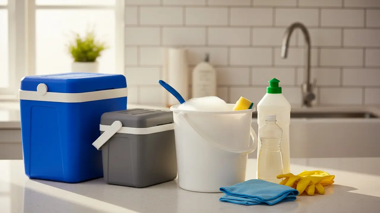 Rengøringsmidler og kølebokse lagt frem på køkkenbordet klar til rengøring