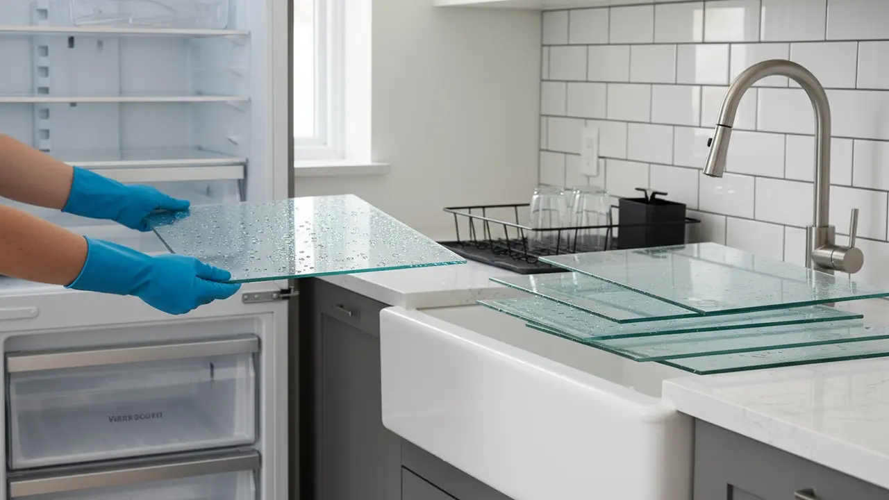 Person med handsker tager en glashylde ud af køleskabet hen mod køkkenvasken