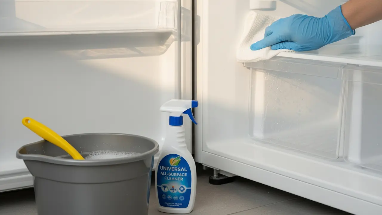 Hånd med engangsklud tørrer hjørnet indvendigt i et køleskab med spand med rengøringsvand i forgrunden