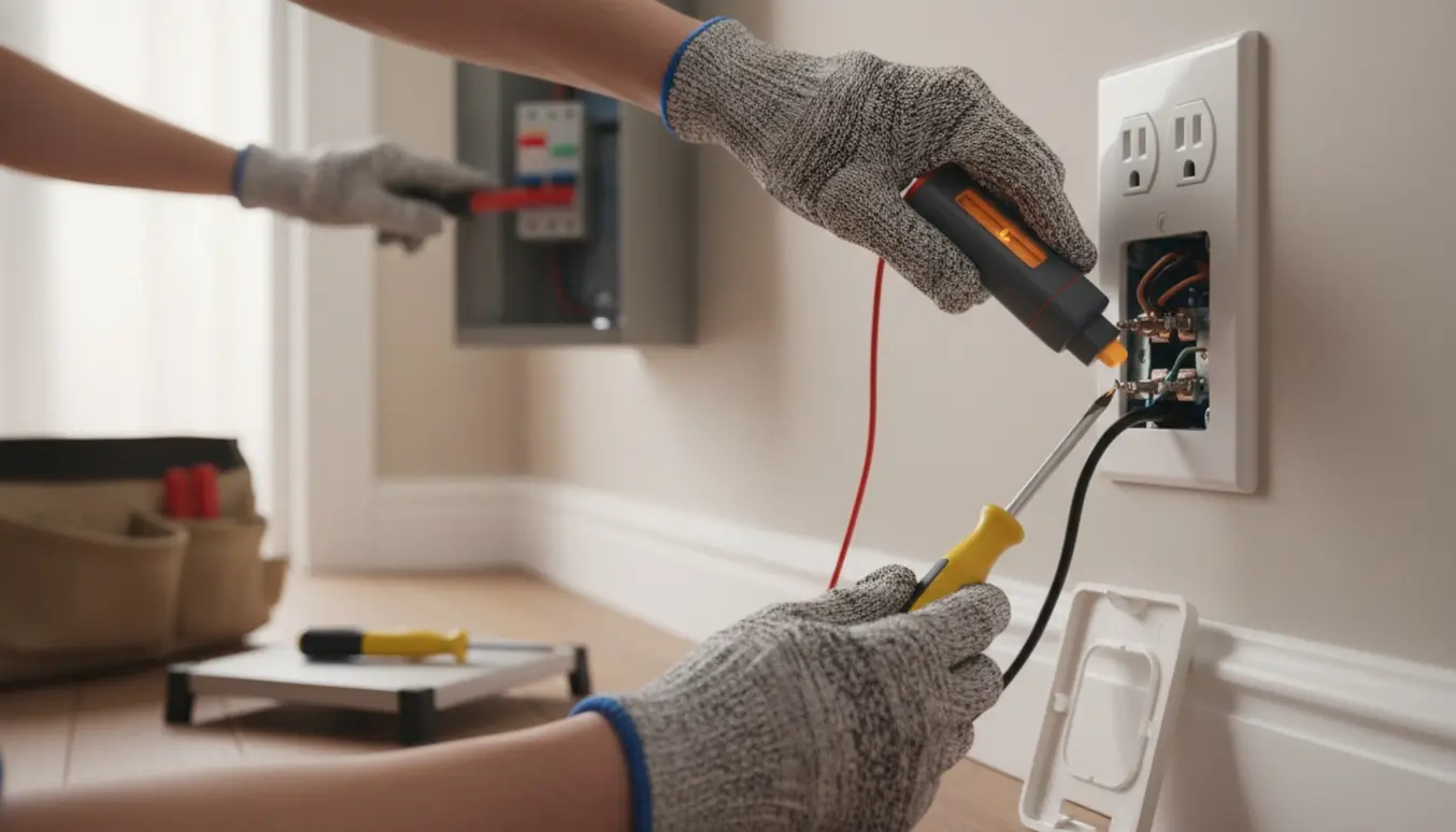 Nærbillede af handskerede hænder, der tester og retter en åben stikkontakt med en spændingstester og en åben eltavle i baggrunden.