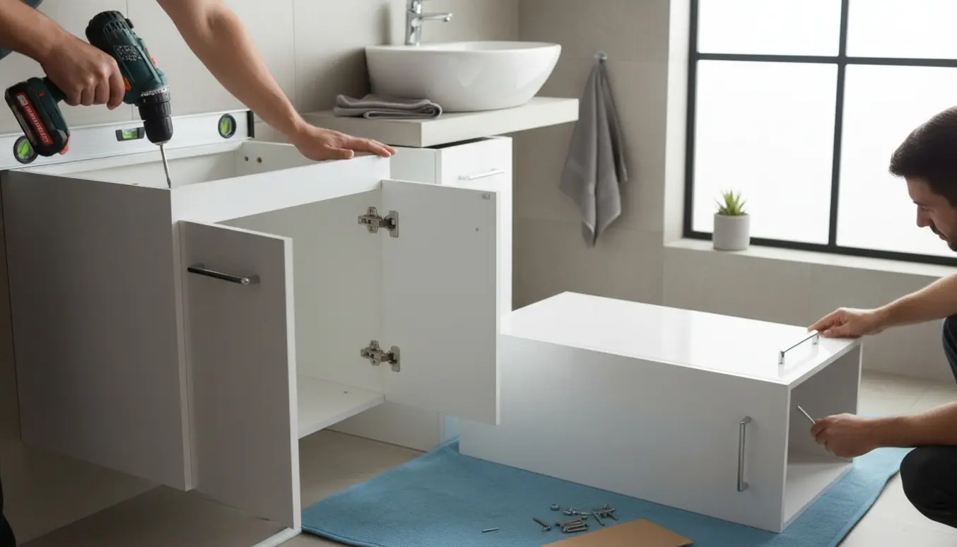 Hænder samler to badeværelsesskabe i et lyst, moderne badeværelse.