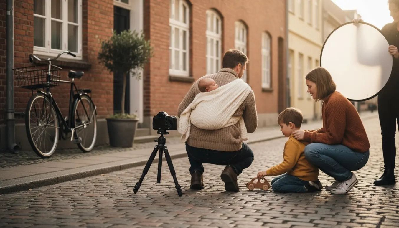 Familiefotografering i Aarhus på en brostensgade ved gyldent sollys, forældre med to børn og fotograf med kamera.