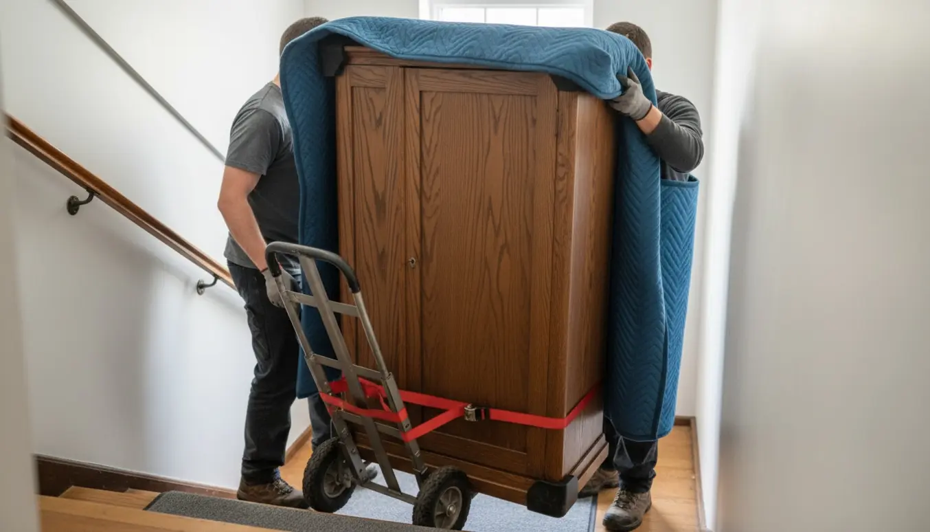 To personer trækker et tungt træskab ned ad en opgang med dolly og flyttetæpper, ansigter ikke synlige.