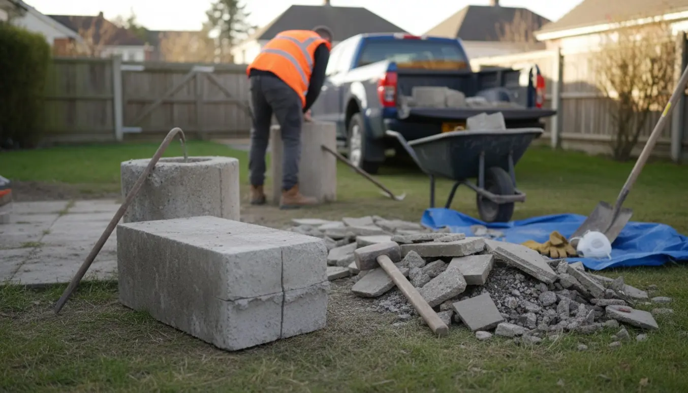 Tunge betonklodser og fliser ligger klar til afhentning i en baggård med trillebør og værktøj.