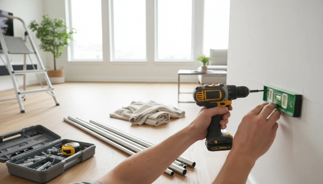 Hænder bruger boremaskine til at montere gardinstang ved et vindue med gardiner og værktøj klar på gulvet.