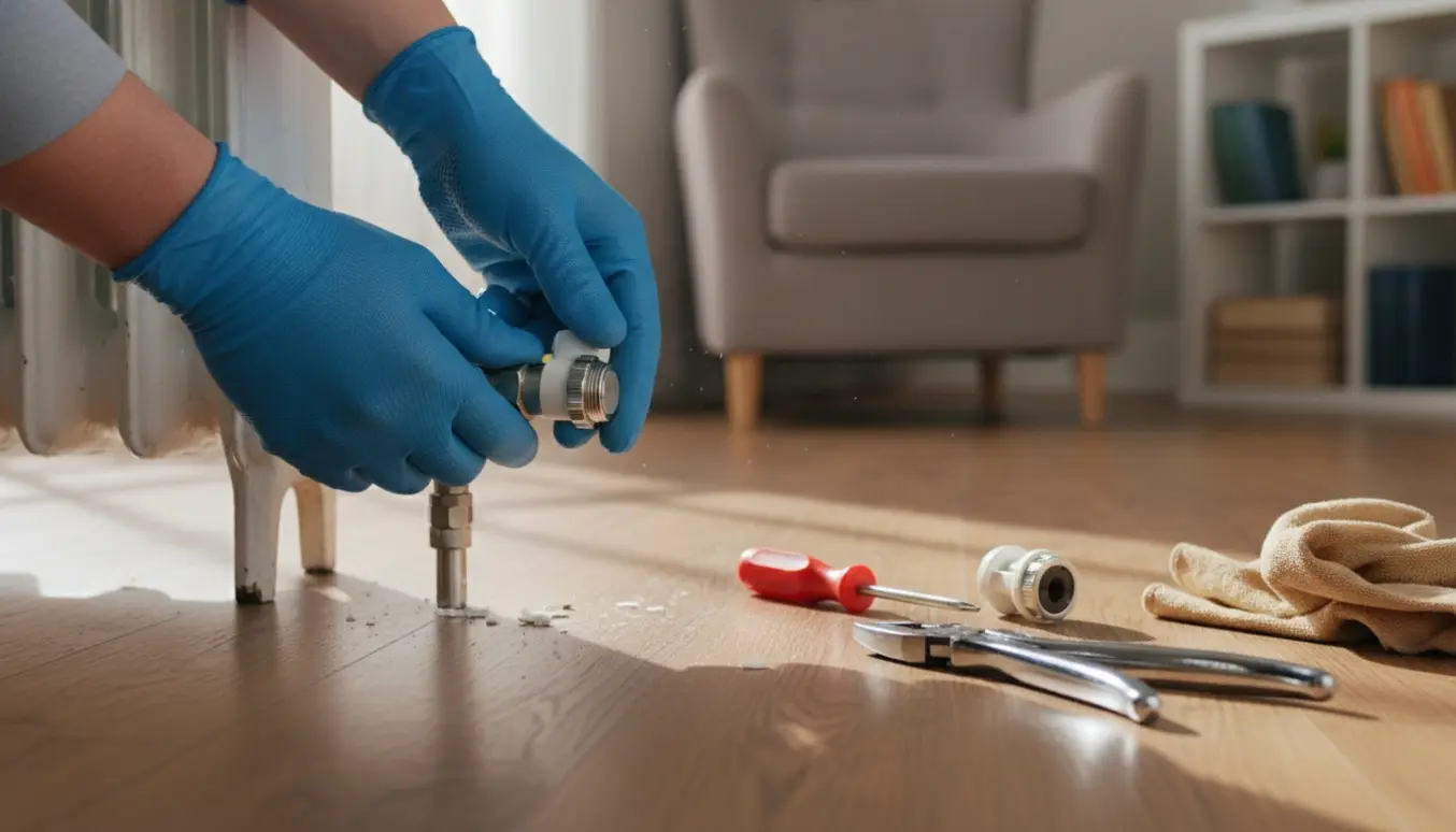 Hænder monterer nyt håndtag på en radiatorventil med skruetrækker ved vindueslys.