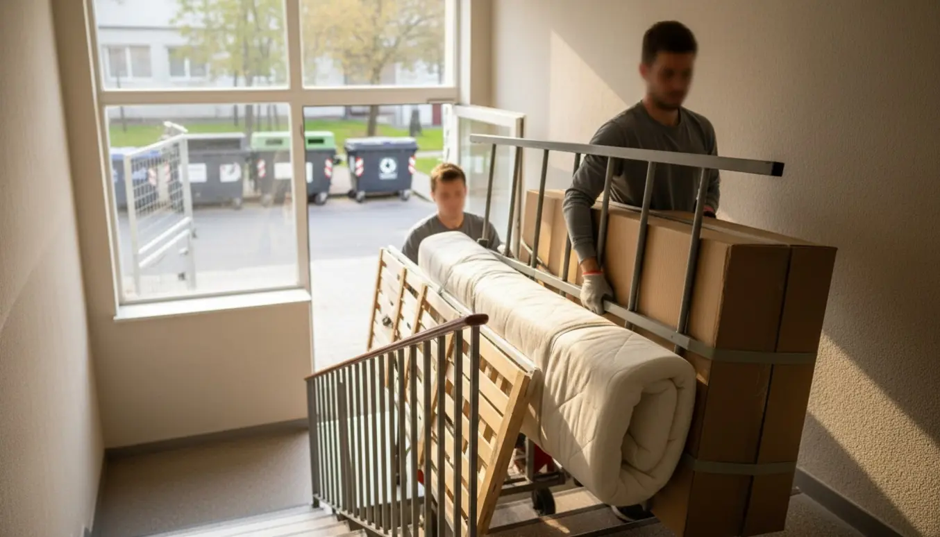 To personer bærer en enkeltseng, skummadras og pap ned ad trappen på vej til genbrugspladsen.