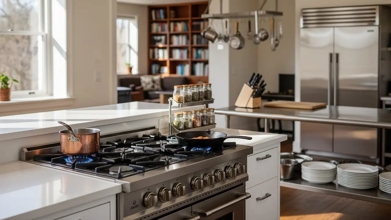 Moderne gaskomfur i køkken med blå flammer og kogegrej