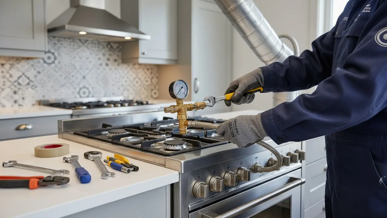Autoriseret VVS-tekniker tilslutter gaskomfur med fleksibel slange