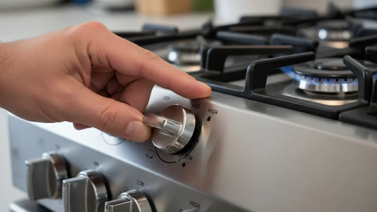 Hånd der trykker og drejer effektvælger på gaskomfur med blå flamme