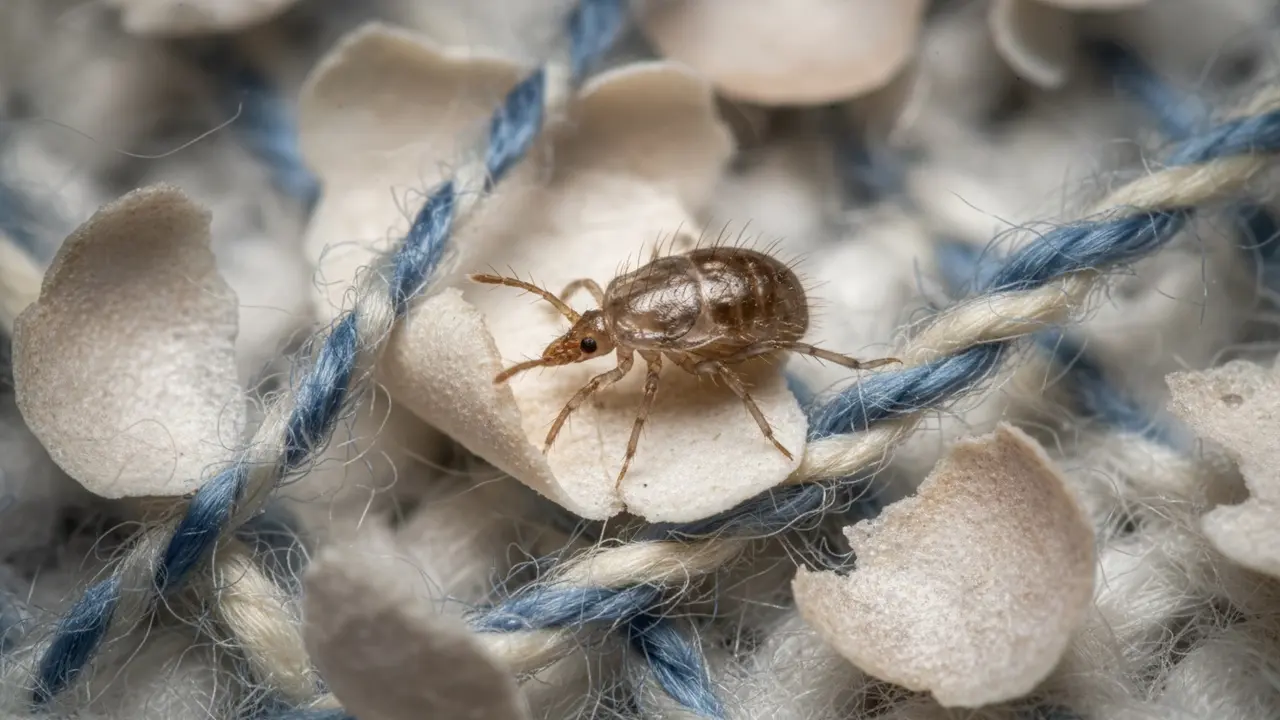 Makrofoto af en husstøvmide blandt hudceller og tekstilfibre