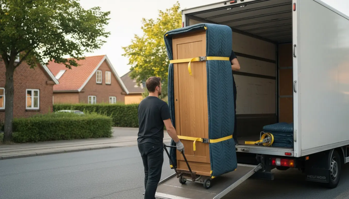 To flyttemænd læsser et stort træskab ind i en flyttebil på en rolig dansk villavej.