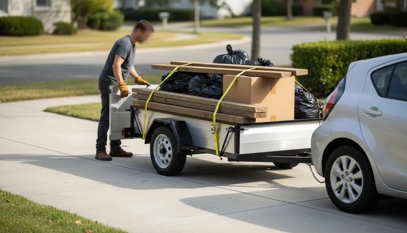 Trailer koblet til en bil på indkørsel fyldt med let affald og stablede træbrædder klar til bortskaffelse.