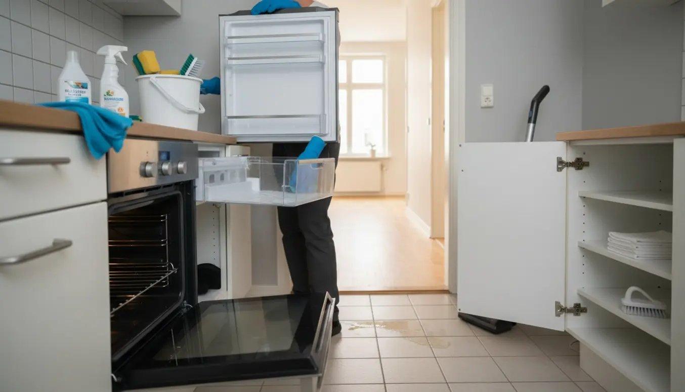 Flytterengøring i en lys lejlighed med en person, der tørrer en ovn af, rengøringsudstyr i en spand og et nyligt afkalket badeværelsesgulv i baggrunden.