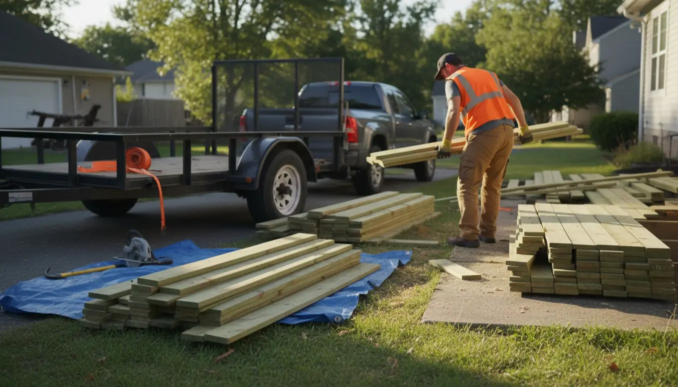 Opdelt trykimprægneret træ lastes i en åben trailer i en baghave.