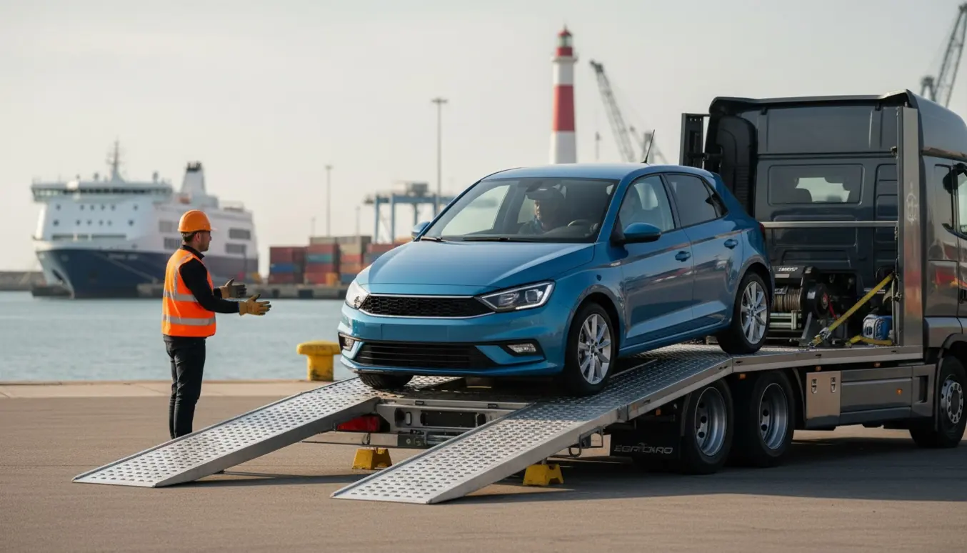 En lille bil køres op på en biltransport ved en havn med færger i baggrunden.