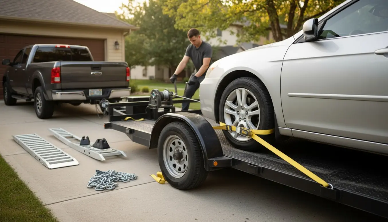 Autotrailer læsser en sedan i en indkørsel, mens hænder spænder sikkerhedsstropper.