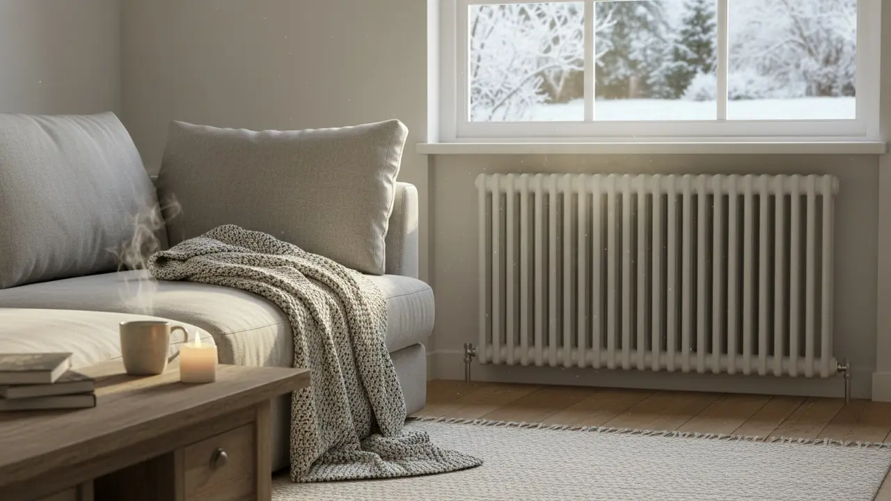 Vægmonteret radiator under vindue i hyggelig stue, viser varme og komfort.