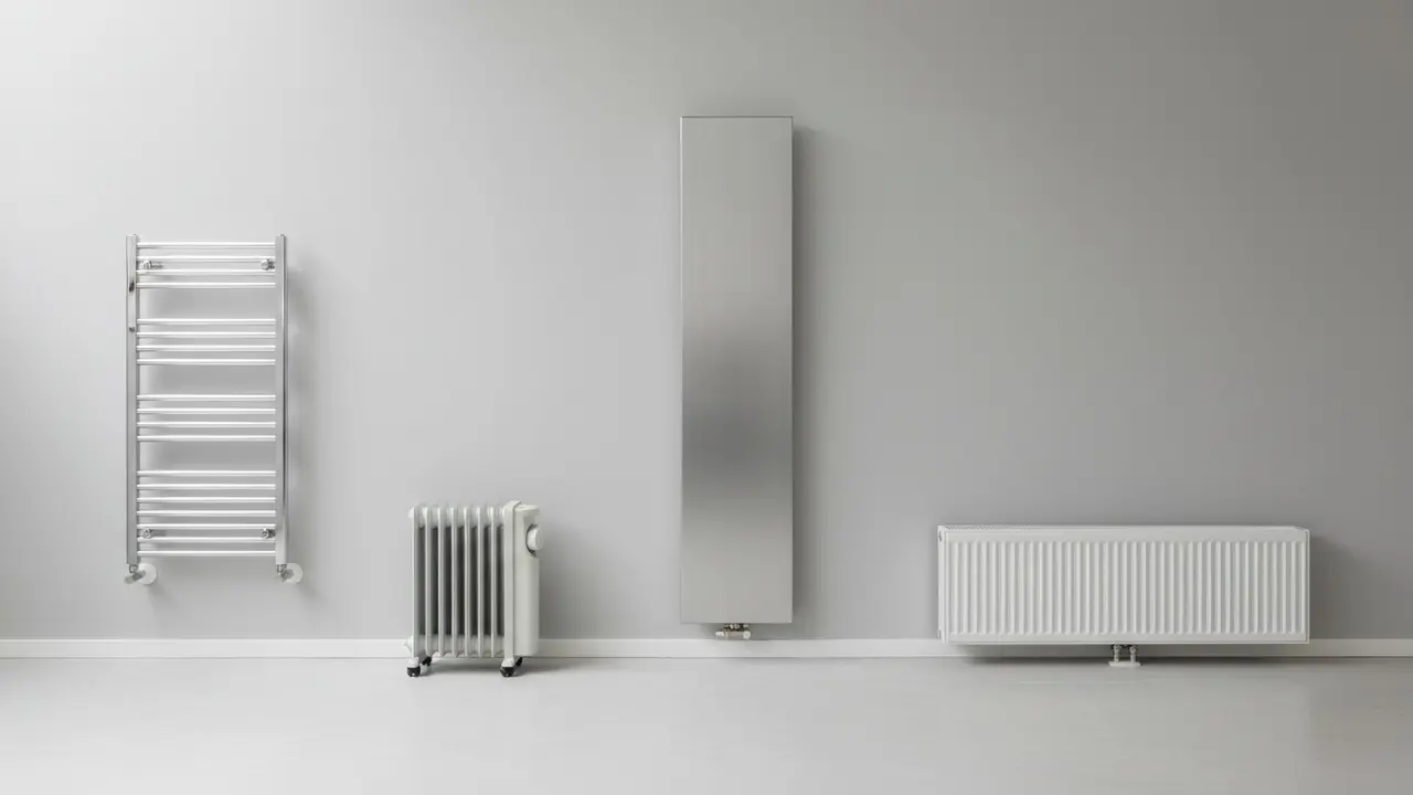 Udvalg af radiatorer på udstillingsvæg: håndklædetørrer, olieradiator, vertikal og lavkonvektor.