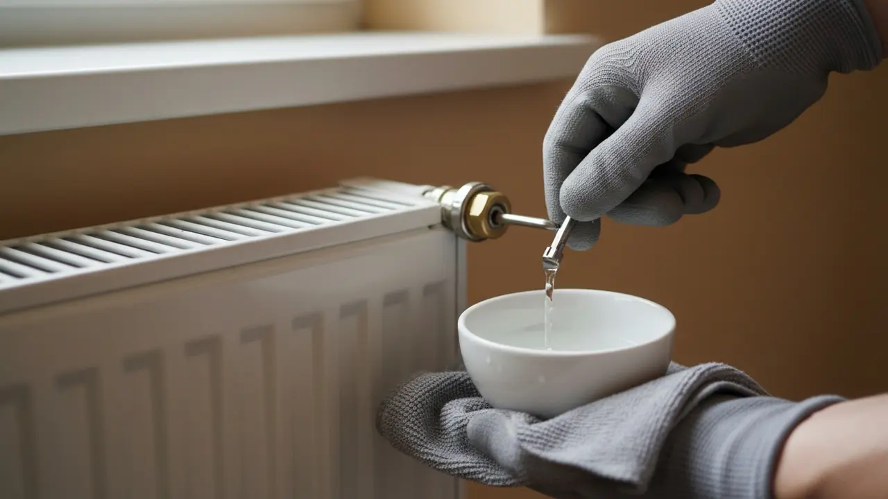 Nærbillede af radiatorventil åbnet med radiatornøgle under udluftning, klud under.