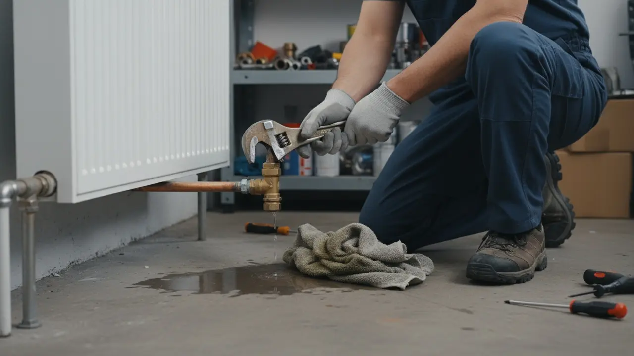 VVS-tekniker strammer radiatorventil med skruenøgle ved lækage, vand på gulvet.