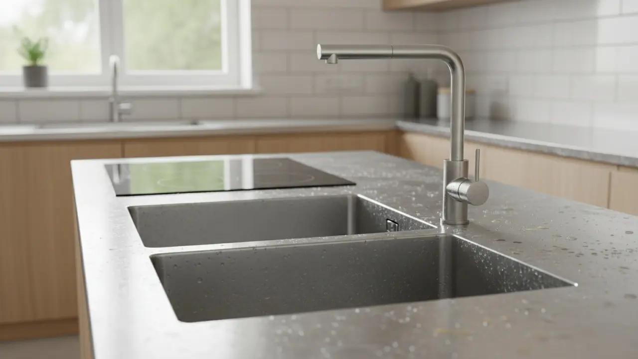 Nærbillede af rustfrit stål med vandpletter og fingeraftryk i et moderne køkken