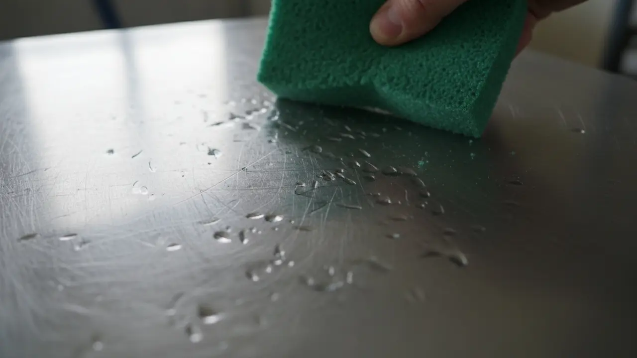 Skrabede ridser på rustfrit stål forårsaget af slibende skuresvamp