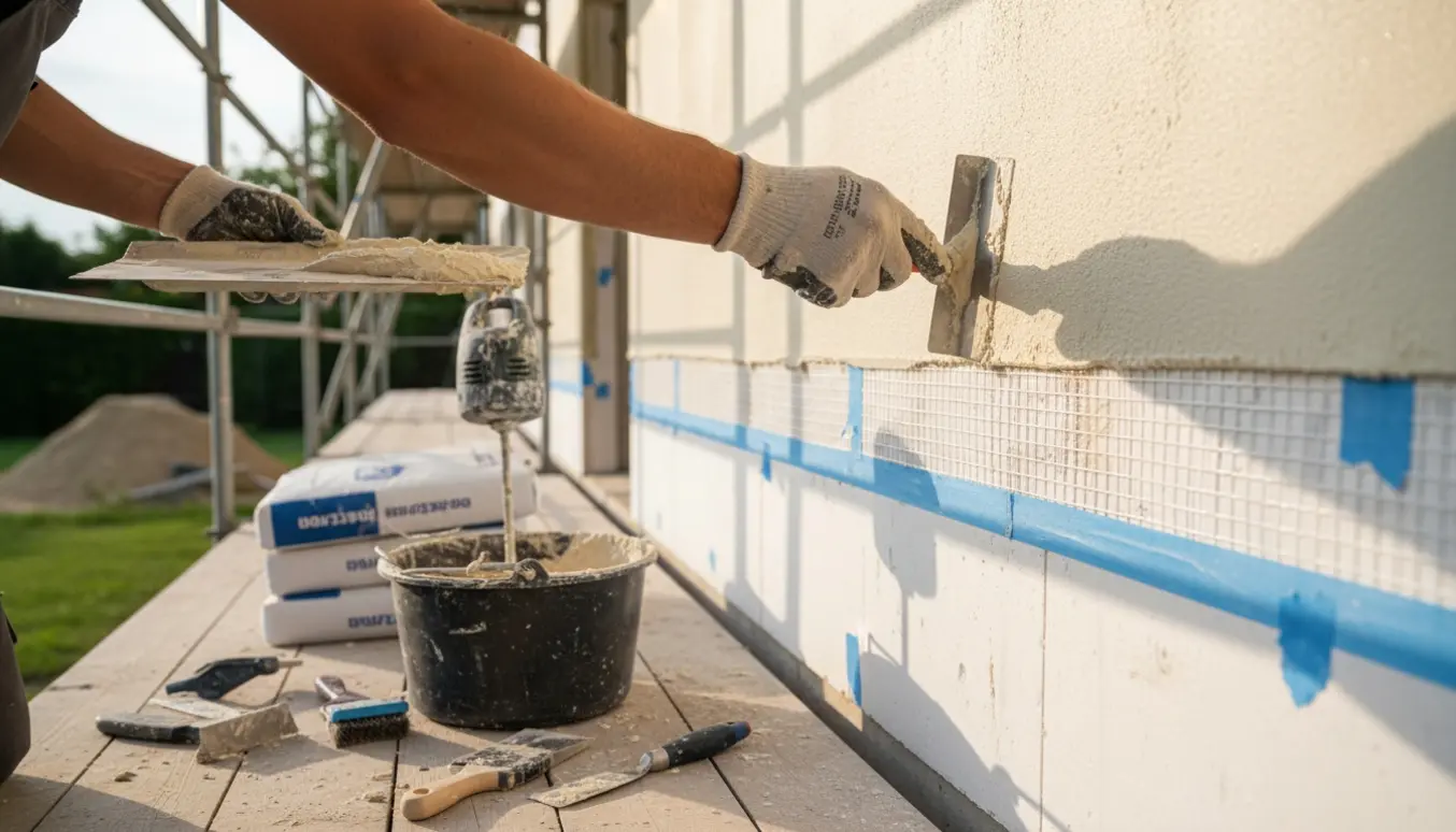 En hånd glatter tyndpuds på en etagehuss facade med polystyrenisolering og stillads i baggrunden.