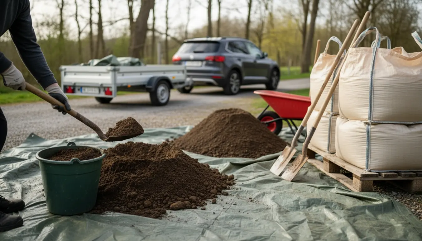 Fire bigbags og en jordhøj på en presenning ved en parkeret trailer med skovl og spande klar til afhentning.