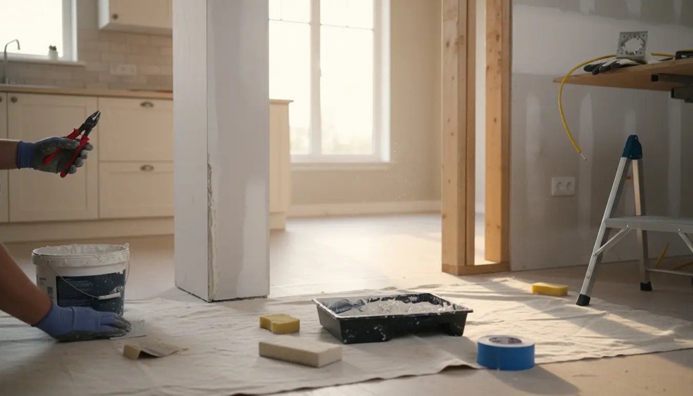 Hænder pudser en nedrevet vægs kant og fjerner el-ledning mellem køkken og stue.