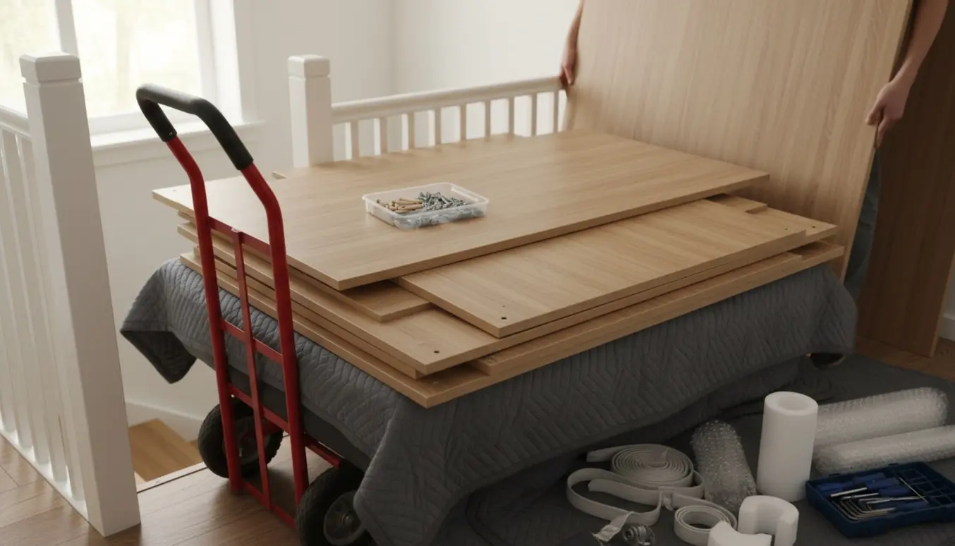 Adskilte garderobeskabe stablet på flyttemåtter med dolly og værktøj i en lys trappeopgang på 2. sal uden elevator.