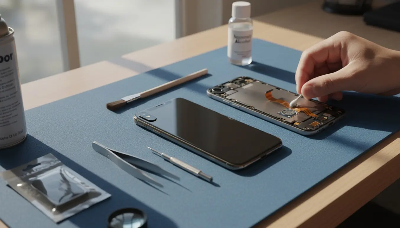 Nærbillede af en iPhone XR, hvor hænder renser mikrofonen på et ryddet reparationsbord.