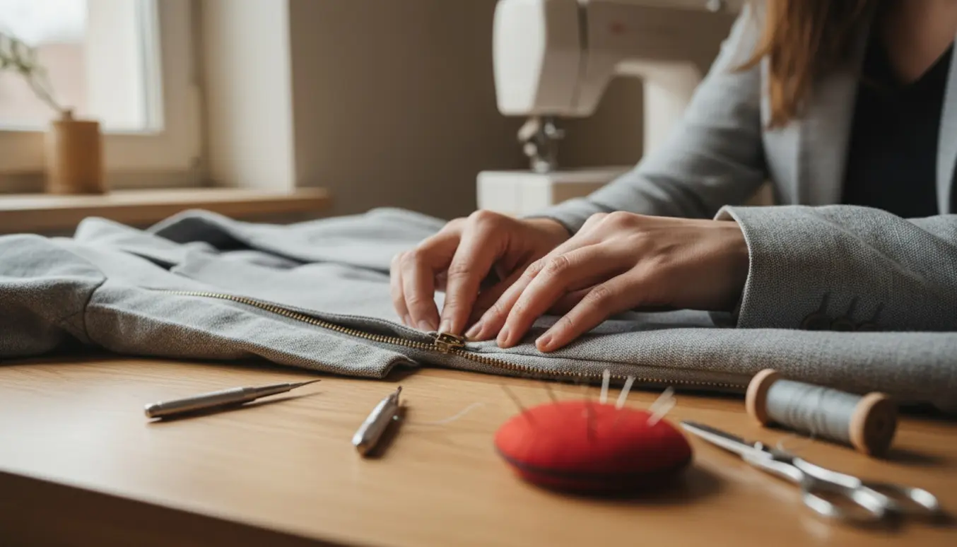 Nærbillede af hænder, der monterer en ny lynlås i en grå stofjakke på et ryddeligt sybord.