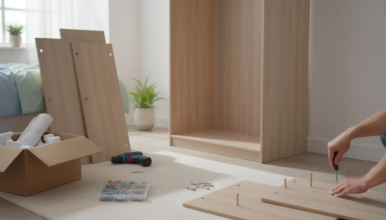 Nærbillede af samling af flatpack-klædeskab med paneler, skruer og værktøj i et lyst soveværelse.