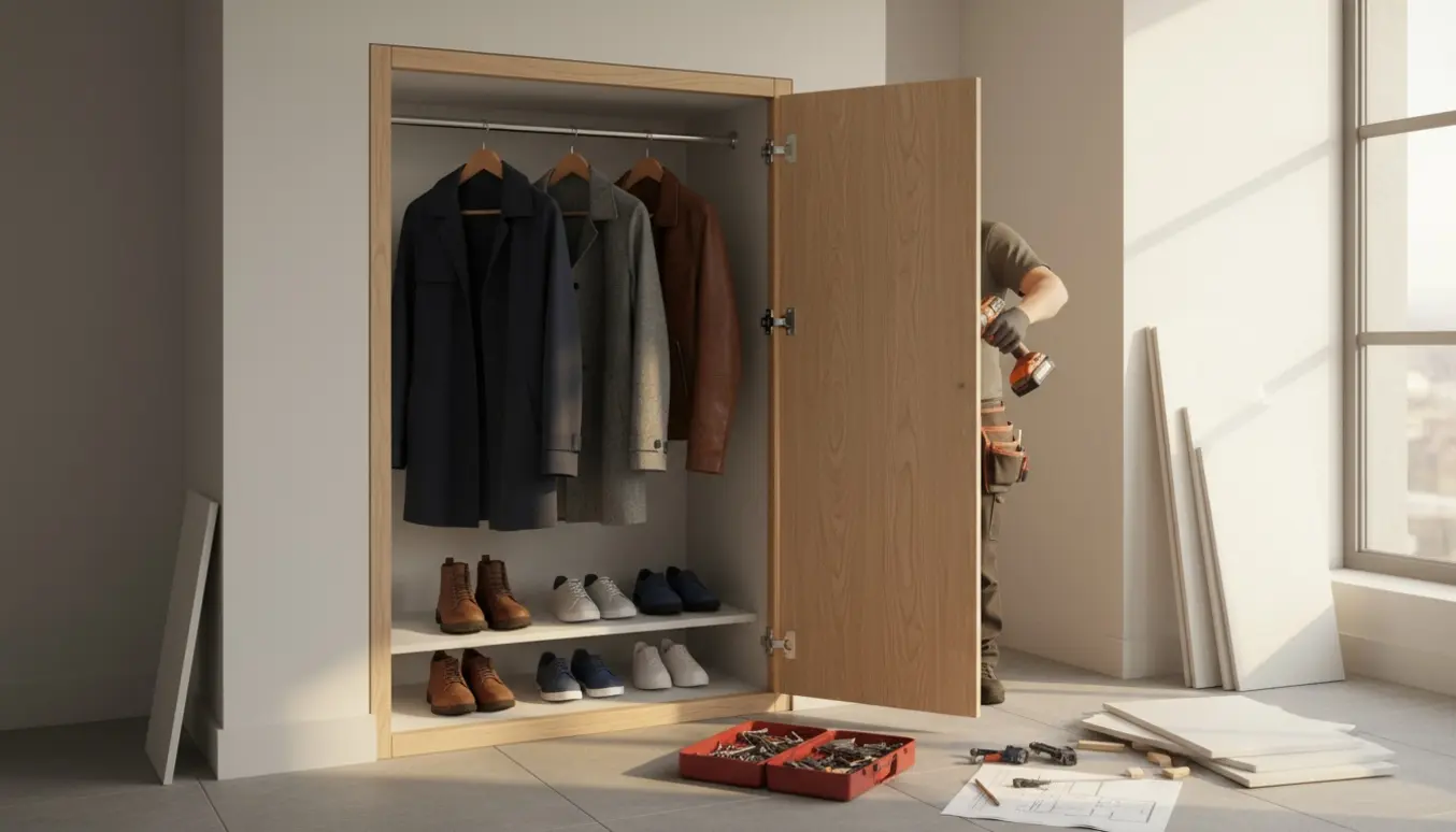 Indbygget skab under installation i entré med jakker på bøjler og sko på hylder.