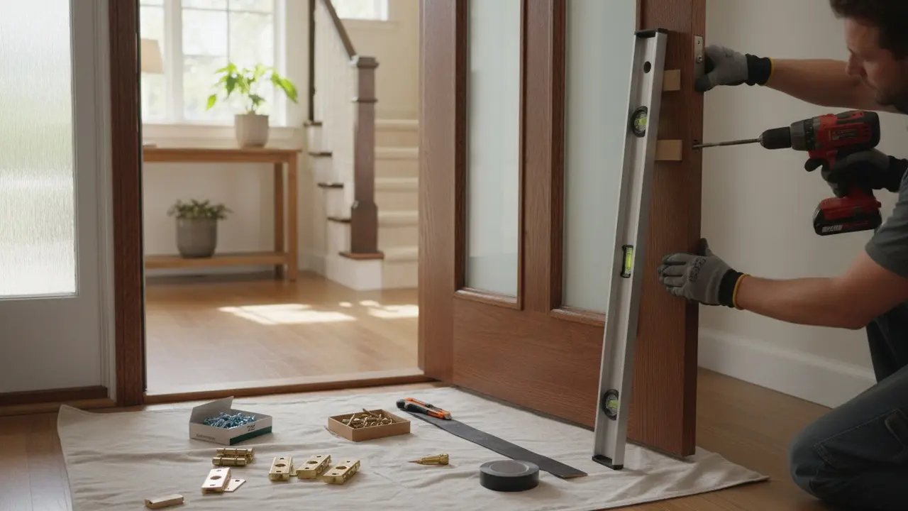 Tømrer monterer en yderdør med vaterpas og kiler i en boligindgang.