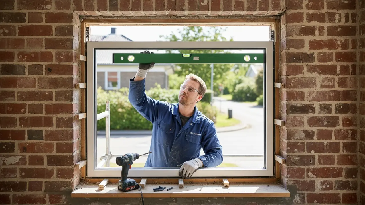 Montering af vindueskarm med afstandsstykker og vaterpas i vinduesåbning.