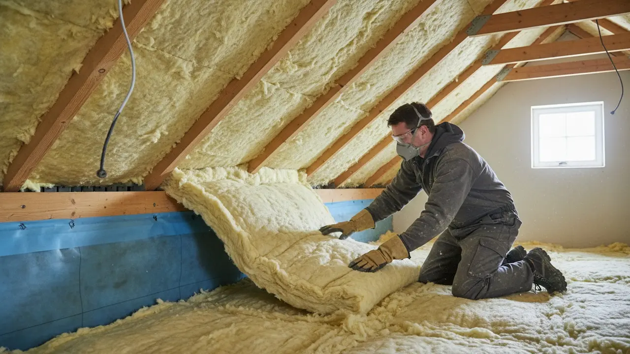 Person ruller glasuldsisolering ud mellem loftbjælker med dampspærre klar ved siden af.