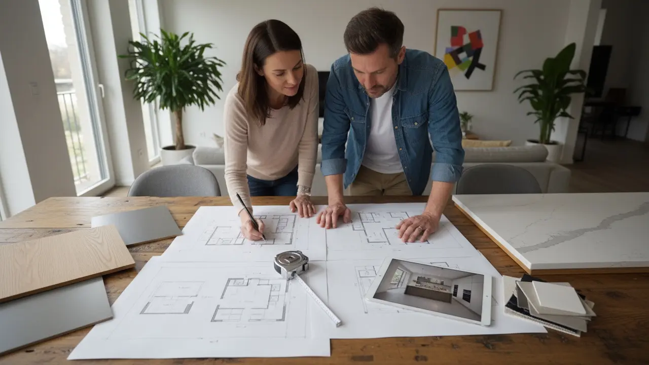Personer planlægger køkken med grundplan, målestok, materialprøver og tablet med 3D-layout.