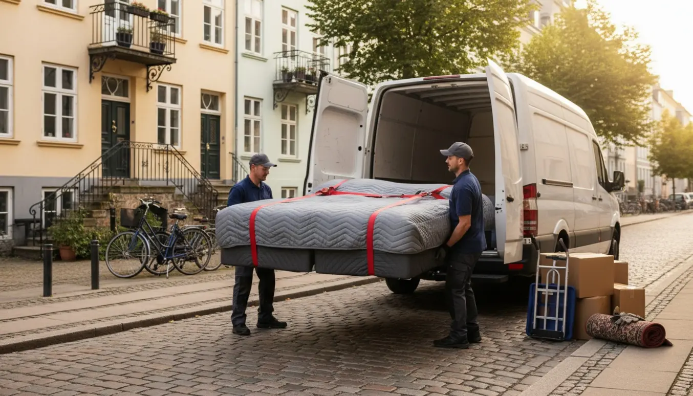 En indpakket seng bæres fra en københavnsk gade og læsses i en varevogn.