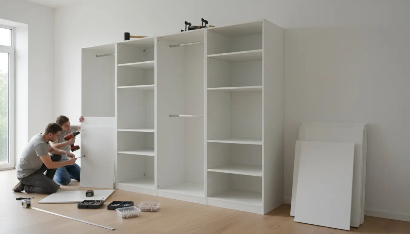 Delvist samlet stort modulskab i et lyst rum med værktøj og hænder i arbejde, ingen ansigter synlige.