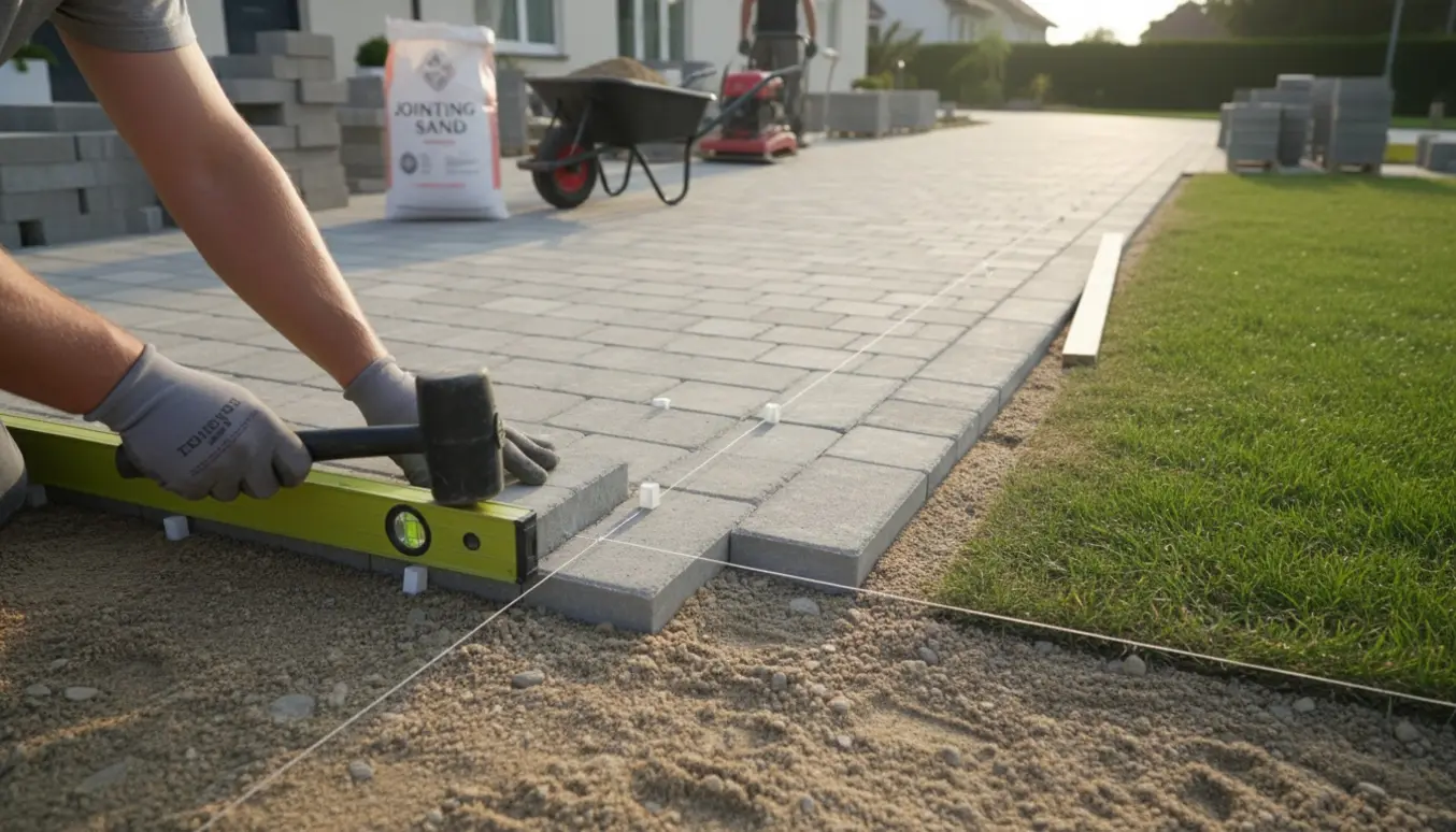 Nærbillede af flisearbejde med hænder, gummihammer og vaterpas på en delvist færdig indkørsel.