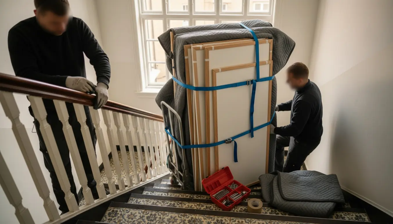 Adskilte skabsplader pakket på dolly i en københavnsk trappeopgang, klar til afhentning.